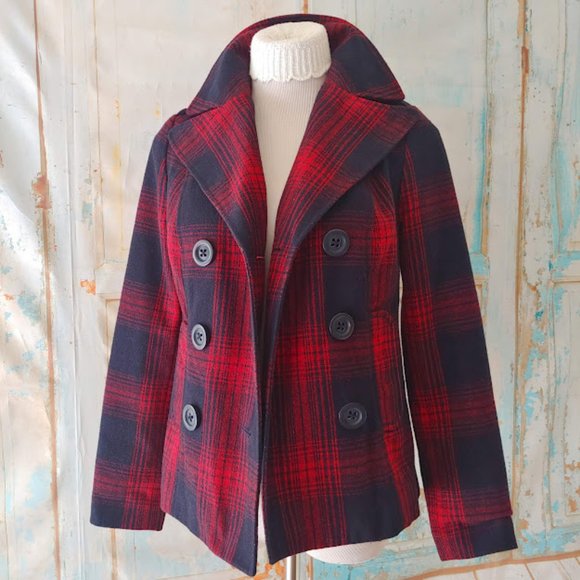 Old Navy plaid wool lined button heavy pea coat/XS/red & navy blue - Picture 4 of 11